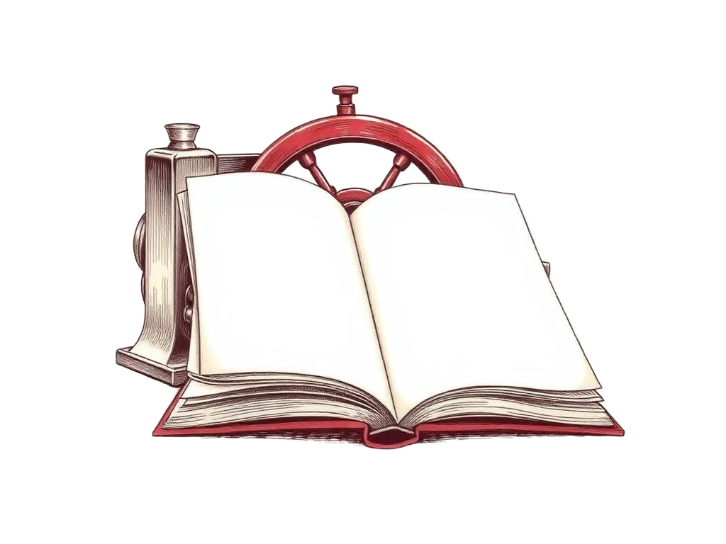 Stilisierte Druckerpresse mit aufgeschlagenem Buch