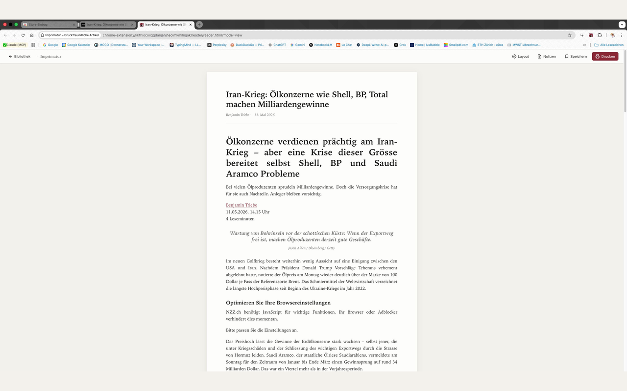 Imprimatur Leseansicht eines NZZ-Artikels mit klassischer Serifentypografie